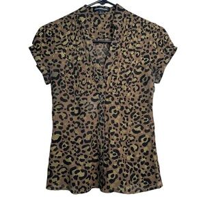Y2K Express Studio Short Sleeve Leopard Cheetah Sheer Silk Button Blouse XS B7
